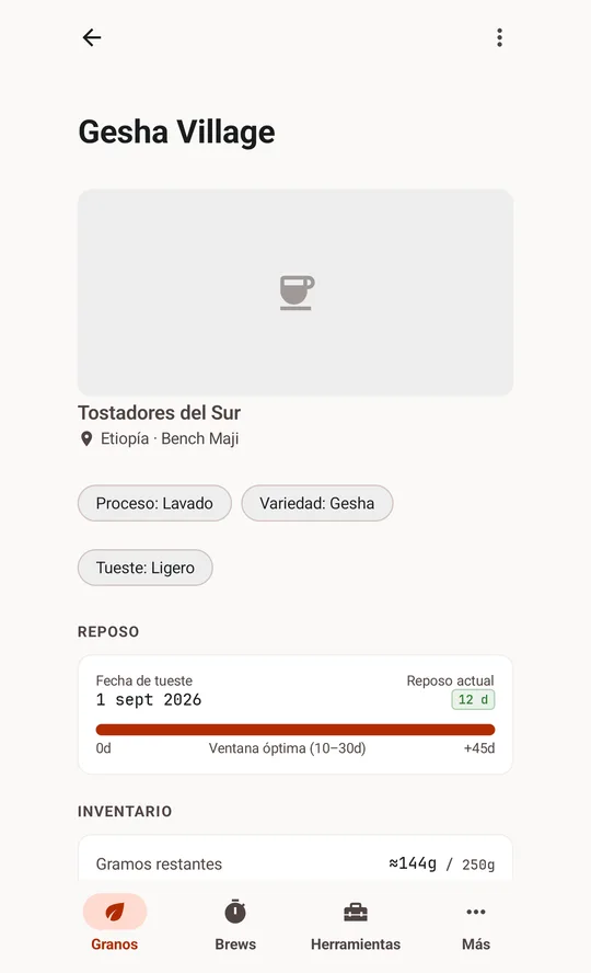 A bean sheet with process, variety, rest window and inventory.