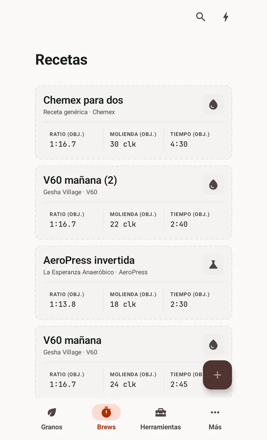 Recipe list with target ratio, grind and time for each one.